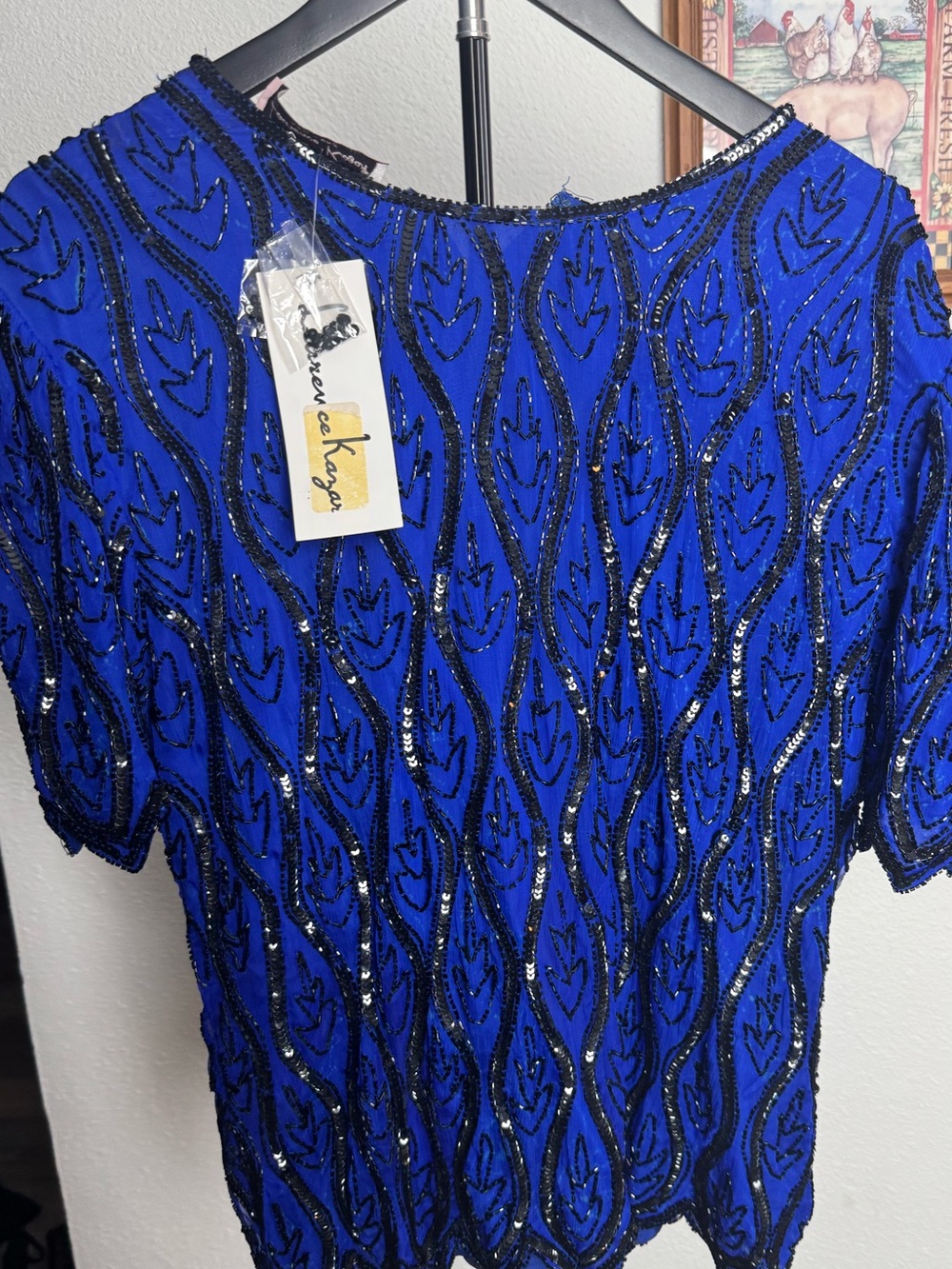 Laurence Kazar Royal Blue Beaded Short Sleeve Top New with Tags Size XXL